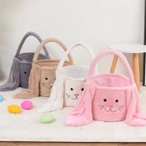 Pâques Lapin Panier Festive Fuzzy Longues Oreilles Lapin Seau Confort En Peluche Oeufs De Pâques Sac De Rangement Enfants Bonbons Jouet Fourre-Tout Sacs En Gros