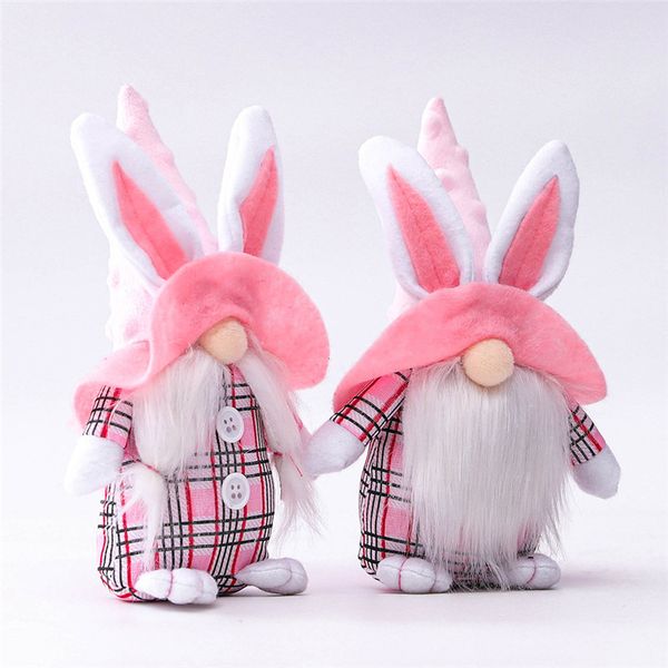 Poupée naine de lapin de Pâques, sans visage, cadeau pour petite amie, enfants amoureux, vêtements en treillis rose, décoration de la maison