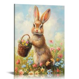 Arte de pared de la imagen de conejo de Pascua, póster de pintura de animales, conejito de pascua con lienzo de flores, lindo regalo de decoración de la primavera de la primavera, decoración de conejos para la casa