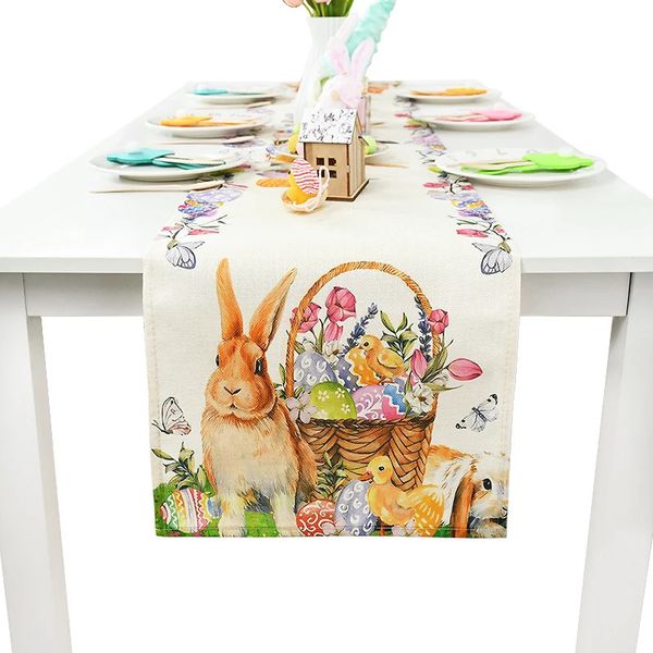 Camino de mesa de Pascua, decoraciones felices para el hogar, conejo, huevos, mantel estampado, fiesta de primavera, mantel individual de escritorio 240325