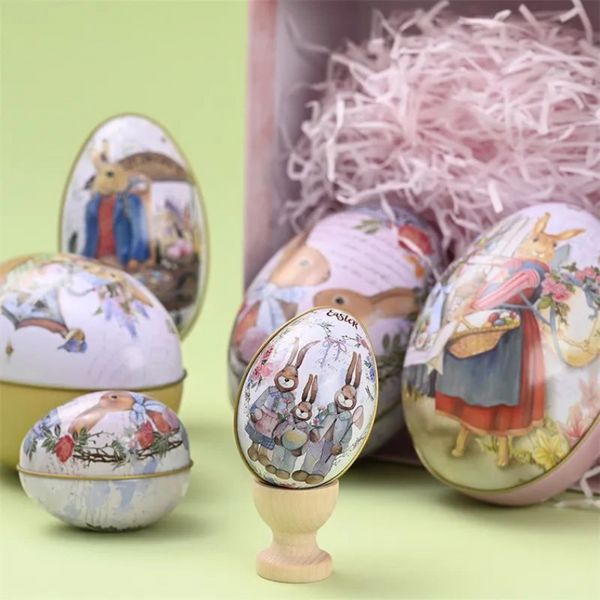 Pâques en fer-blanc en forme d'oeuf de bonbons en étain lapin lapin imprimé métal printemps fête faveur cadeau emballage étui de rangement S M L taille ss0112