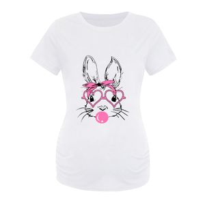 Pâques Femmes Maternité à manches courtes Couw Nou Rabbit graphique Côtés ruchées T-shirt