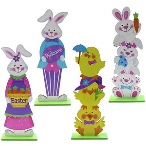 Adorno de mesa de madera de Pascua, fiesta de primavera, conejito, pollo, adorno artesanal, centro de mesa para casa, oficina, granja