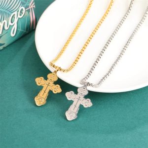 Collar colgante de cruz ortodoxo del este de 14k Joyas de oro amarillo Collares de encanto