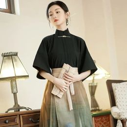 Vêtements traditionnels orientaux Hanfu, classique et élégant, imprimé, jupe à visage de cheval, hauts noirs, ensemble de costumes de Cosplay de Style chinois plissé