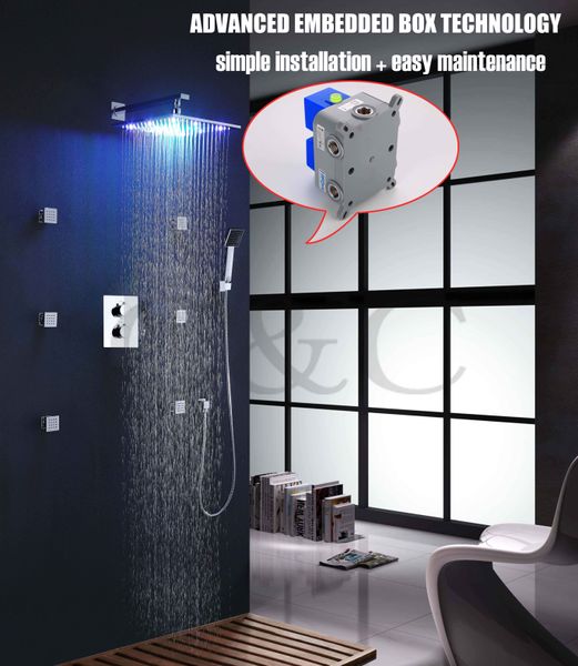 Fácil instalación con caja integrada, 12 pulgadas, LED, 7 colores, cabezal de ducha de lluvia, juego de grifo de ducha termostático 002T-12-2C