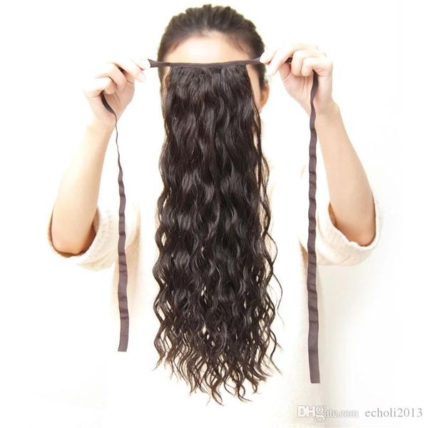 Fácil de usar Wet ondulado Extensión de cola de caballo Cabello real brasileño Cinta de cola de caballo Envoltura apretada alrededor de la cola de caballo con clip de cordón en 120 g Diva1 negro marrón