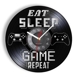 Eet Sleep Game Herhaal Gamer zeggen Vinyl Record Wall Clock Gamepad Machine Boys Playroom Gaming Room Decor Handicraft Art