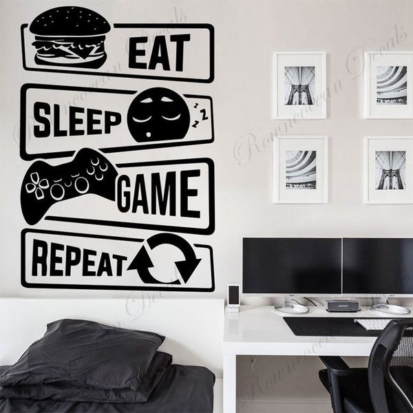 Eat Sleep Game Répétez le motif Sticker mural Vinyle Home Decor Boys Room Teens Chambre Gamer Gaming Room Stickers muraux muraux 4617 210308