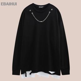 EBAIHUI Sweat-shirt sans capuche pour hommes, faux deux pièces, couleur unie, couture, ceinture, chaîne, haut ample, décontracté, surdimensionné