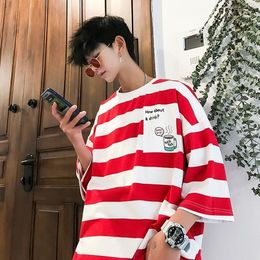 Ebaihui Mannelijke Gestreepte T-shirts Losse Short-Mouwen Tees Heren Koreaanse O-hals T-shirt Casual Five-Point Sleeve Top Paar slijtage