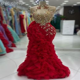 Ebi 2024 Aso Red Sirmaid Prom Robe Crystals Crystals Tiers perle TULLE SOINT FIGRAL PARTIE Deuxième réception Robes de fiançailles d'anniversaire Robe de Soberee ZJ425 ES