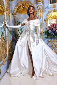 Ebi African Aso Princess Sirena Vestidos de novia con bordado de cristal desmontable Hendidura Puffy Train Bateau Vestido de novia Robes De Mariee