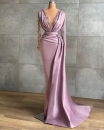 Ebi Arabe Aso Dubai Sexy Lilac Lace en dentelle Robes de bal perlées Vol Vol à manches longues
