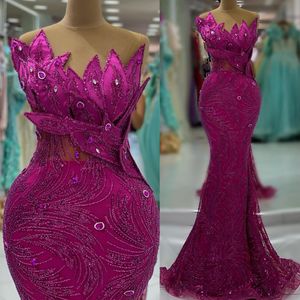 EBI Arabisch Aso Fuchsia Mermaid Prom Dress Crystals Lound Lace Evening Formeel feest tweede receptie verjaardag verloving jurken jurken jurken robe de soiree es