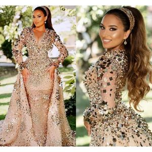 EBI Arabisch Aso Goud Gold Luxueuze prom -jurken Kristallen Sheer Neck Evening Formele feestjurken Robes de Soiree