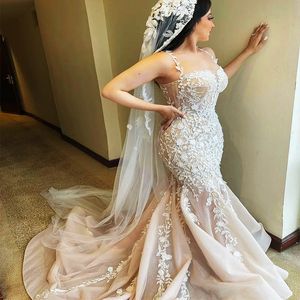 Ebi Arabe Aso Plus taille en dentelle florale Illusion Robe de mariée Spaghetti Tulle Sweep Train Bridal Robes Robes ZJ es