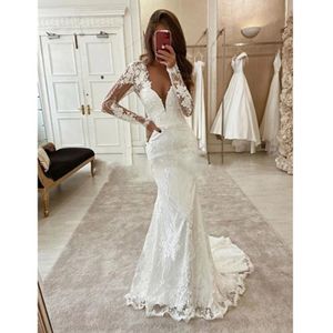 EBI Arabisch Aso Vintage Lace Mermaid Wedding Jurken V Neck Lange mouwen Bridal Sexy jurken goedkoop