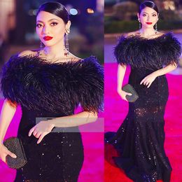 EBI Arabische zeemeermin Aso Black Prom Dresses Feather lovertjes Lace Evening Formeel feest tweede receptie verjaardag verlovingsjurken jurken zj