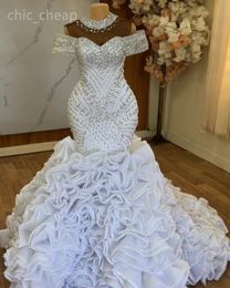 Ebi arabe grande taille Aso blanc sirène luxueux mariage perles cristaux col transparent robes de mariée robe ZJ
