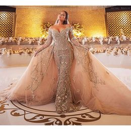 Ebi aso taille plus arabe or luxueux dentelle en dentelle sirène perle à manches longues robes nues robes de mariage vintage zj255