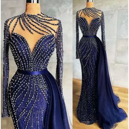 EBI ASO -maat plus Arabisch marineblauw luxueuze prom jurken Garnes Mermaid Lace Evening Formeel feest tweede receptie jurken jurken