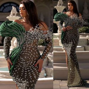 EBI Dark Aso Green Arabische Mermaid Prom jurk Kristallen Luxe avond formeel feest tweede receptie verjaardag verloving jurken jurken jurken robe de soiree zj es