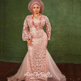 Ebi Soirée Aso Sirène Robes Formelles à Manches Longues 2021 Africain Nigeria Grande Taille Bijou Dentelle Applique Ocn Robe De Bal