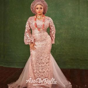 EBI Avond Aso Mermaid Formele jurken met Afrikaanse Nigeria Plus Size Juwel Lace Applique Ocn Prom Jurk met lange mouwen