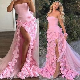 EBI BLOEMEN Aso Pink A Line Prom jurk TULLE High Split Evening Formele feest tweede receptie TH Birthday Engagement Toga -jurken Jurken Robe de Soiree Zj Es