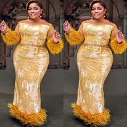 Ebi Gold Aso Arabe Gaine Robes De Bal Plume Paillettes Dentelle Soirée Formelle Deuxième Réception Anniversaire Robes De Fiançailles Robe ZJ