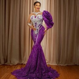 EBI Lace Aso Sirène Robes de soirée Appliques Per perles Manches longues Purple Formal Party Robes Illusion Jewel Neck Chic Robe Prom 2024 Ocn spécial Wear