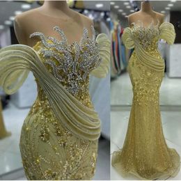 Ebi sirène Aso 2024 Gold Prom Dress Crystals Crystals de perle Sheer Neck Evenant Formal Fête Deuxième réception Robes de fiançailles d'anniversaire robe Robe de Soiree ZJ88 ES