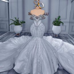 EBI Mermaid Aso Wedding Arabische jurken Sparkly kristallen kralen Lace Bruidaljurken Kleed ZJ