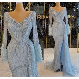 Ebi plus size Arabisch aso luxueuze kralen kristallen prom-jurken zeemeermin diep v-neck sexy avond formeel feest tweede receptie jurken zj215