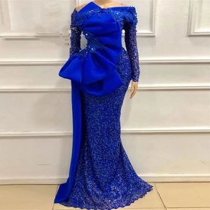 Ebi Vintage Aso Royal Blue Prom robes 2024 Sirène à manches longues Appliques en dentelle Perles de soirée Femme Robe de soirée plus taille Nigeria Robes de fête