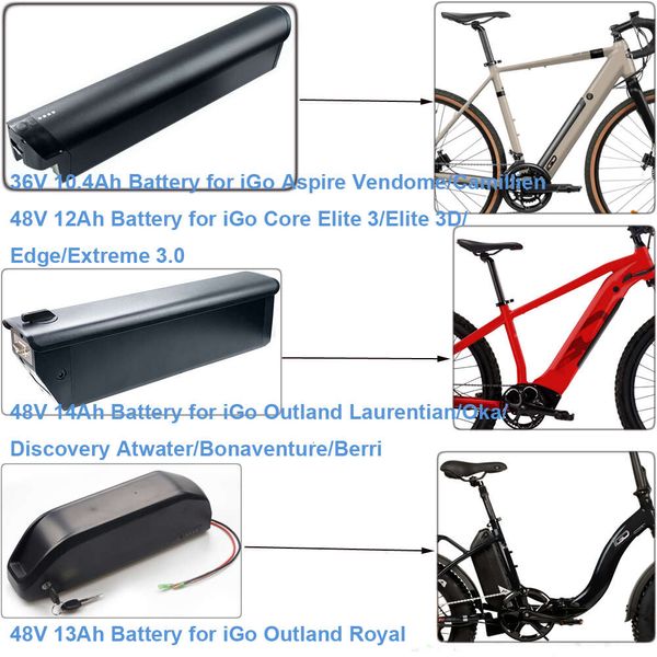 Batterie Lithium pour vélo électrique, 36V, 10,4 ah, 48V, 12ah, 14ah, iGo Aspire, Vendôme, Camillien, Core Elite 3 Edge, Outland, Oka Discovery