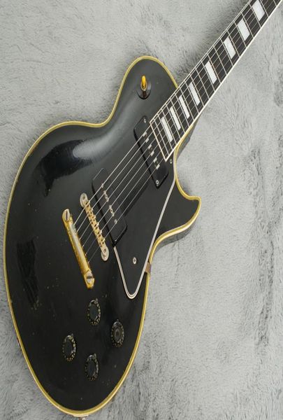 Difvaboard de ébano 1958 Black Beauty Electric Guitar Amarillo Binding 5 capas Pickguard Pearl Block Inlay Gold Hardware8160079