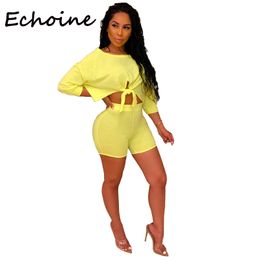 Echoine 2 stuk set vrouwen trainingspak front stropdas shorts crop tops + broek zomer kleding voor vrouwen outfits 3 effen kleur T200622