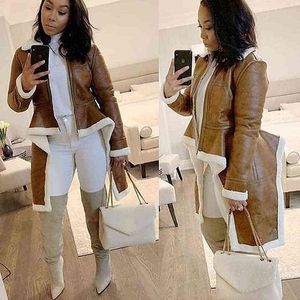 Echoine Unregelmäßigen Fleece Mäntel Pu Leder Rollkragen Zipper Midi Langen Mantel Winter Dicke Weibliche Wolle Leder Jacke L220728