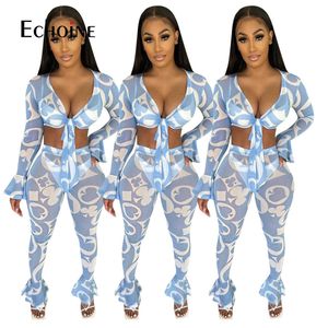 Echoine Femmes Ruffle Print Sheer Mesh Deux pièces Ensemble Printemps 2021 Sexy Club Tenues Crop Top et Pantalon Costume Assorti Ensembles de fête Y0625