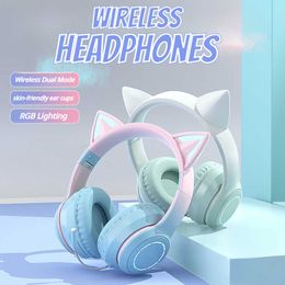 ECHOME Draadloze Hoofdtelefoon RGB Verlichting Cat Ear Bluetooth Dual Mode Leuke Gaming Headset Ondersteuning 3.5mm Plug met Afneembare Microfoon HKD230809