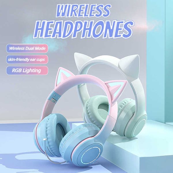 ECHOME Casque sans fil RGB Lighting Cat Ear Bluetooth Dual Mode Cute Gaming Headset Support Prise 3,5 mm avec micro détachable HKD230809