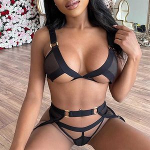 Echonight évider Lingerie érotique sous-vêtements en dentelle noire Lingerie sensuelle femme Lingerie Sexy soutien-gorge sans fil tongs avec jarretelles Q0245P