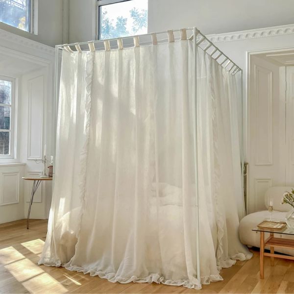 Cauvet de lit en tissu en lin écologique pour les filles adultes, lin rideau rideaux de canopée, rythme à volants à volants pastoraux filet