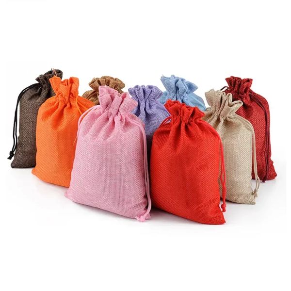 Ecológico Mini Arpillera Yute Saco Lino Bolsas con cordón Bolsas de joyería Bolsa Regalos de Navidad Bolsas de embalaje Logotipo personalizado