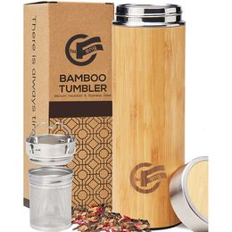 Milieuvriendelijke waterfles bamboe houten mouw roestvrijstalen vacuüm isolatie thermische kolf met thee -infuser