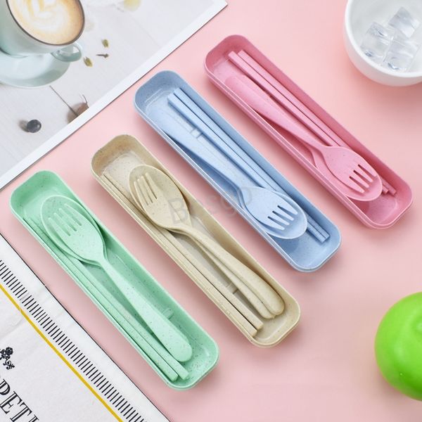 Ensembles de coutellerie de paille de blé écologique Camping Portable Camping Vaisselle Vaisselle Spoon Fork Baguettes 3pcs Ensemble de dînets de vaisselle Couverts pour enfants BH4543 TQQ