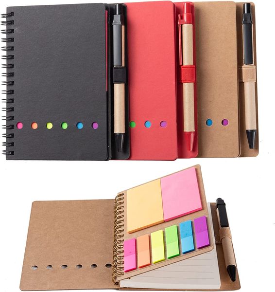 Cuaderno espiral de papel Kraft ecológico con bolígrafo y nota adhesiva, marcador de cuadernos de bolsillo pequeño juego de banderas de pestañas de índice de colores