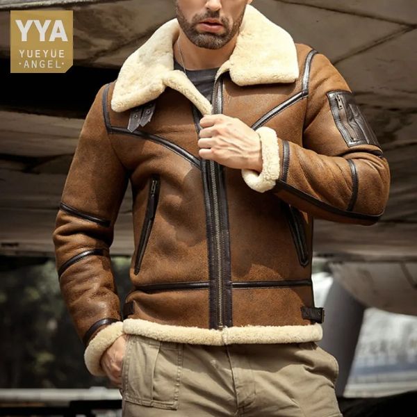 Eco peau de mouton laine manteau en peau de mouton hommes col rabattu Moto Biker veste en cuir véritable hiver vraie fourrure de haute qualité vêtements d'extérieur 231225